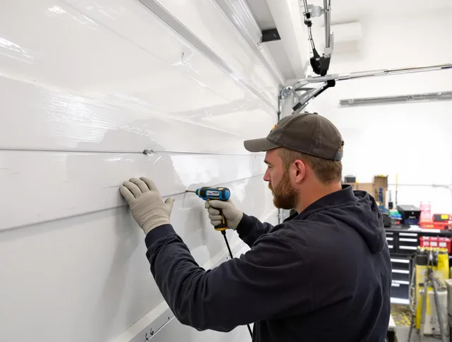 Norton Garage Door Repair technician demonstrating precision dent removal techniques on a Norton garage door