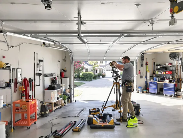 Norton Garage Door Repair specialist performing laser-guided track alignment in Norton